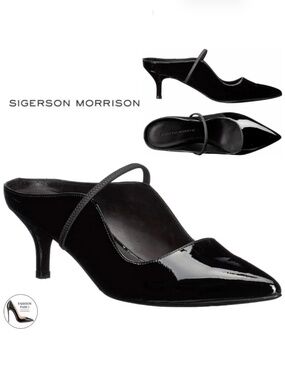SIGERSON MORRISON Beryl Black Patent Leather Mules Ponted Toe Heeled Pump Shoe 6